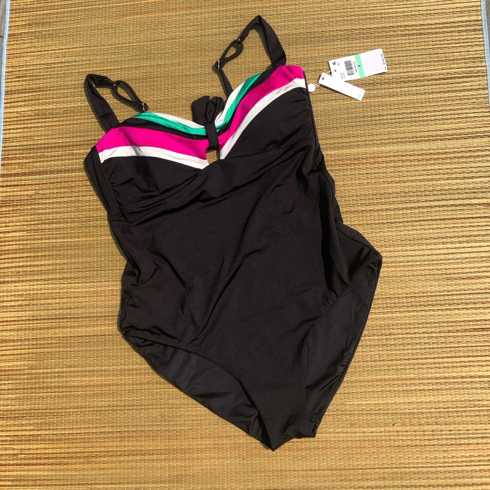 Trina Turk Black Swimsuit with Pink and Green Accents